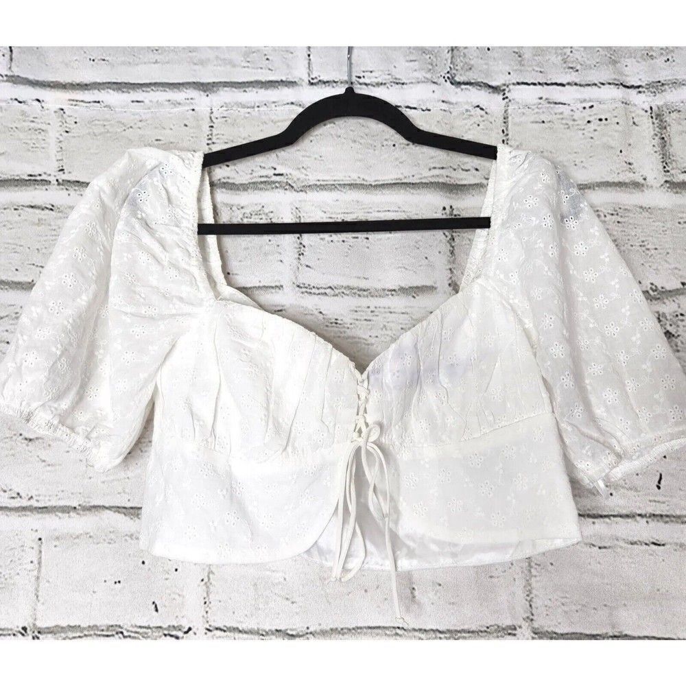 Blanc White Puffy Short-Sleeved Lace-up Cropped Blouse Womens Size Large Eyelet